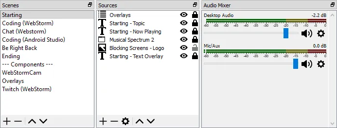 The Scenes and Sources panels in OBS